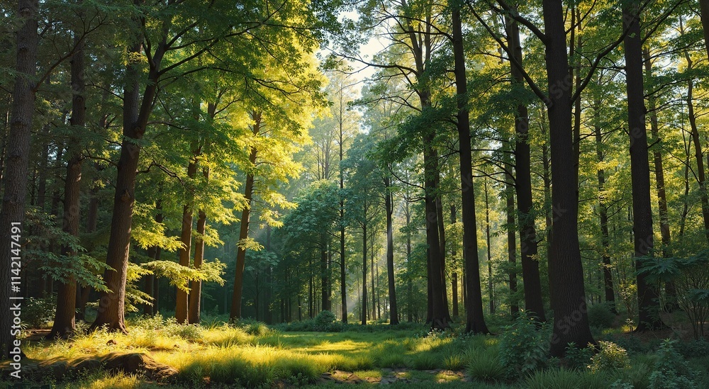 Obraz premium Enchanting Forest Interior with Sunlight Filtering Through Green Canopy