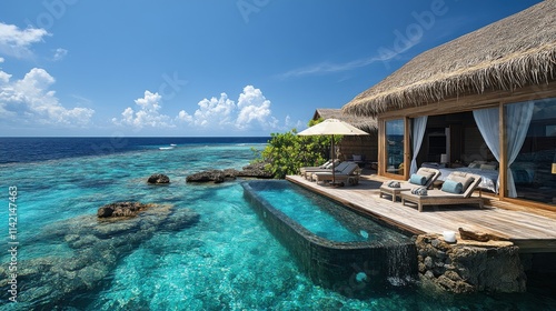 maldive luxury room balcony with a comfortable wooden deck sun loungers umbrella curtained sofa bed and infinity pool that faces the ocea