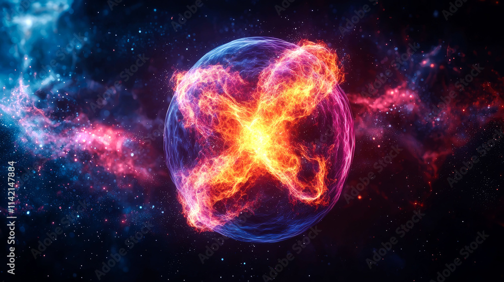 Fiery cosmic sphere with an X-shaped energy burst. Fiery cosmic sphere with an X-shaped energy burst.