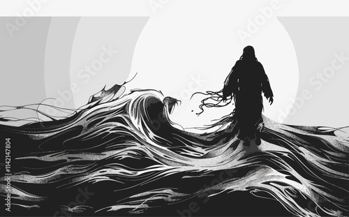 Man is walking in the ocean. The water is rough and choppy. The man is wearing a long robe. flat vector illustration