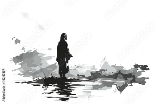 Man is standing on a rock in front of a body of water. He is holding a fishing rod. flat vector illustration photo