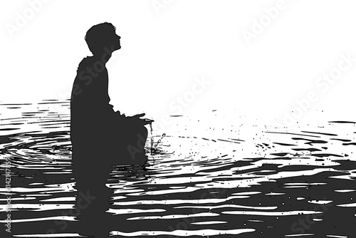 Man is standing in the water. He is looking at the water. flat vector illustration