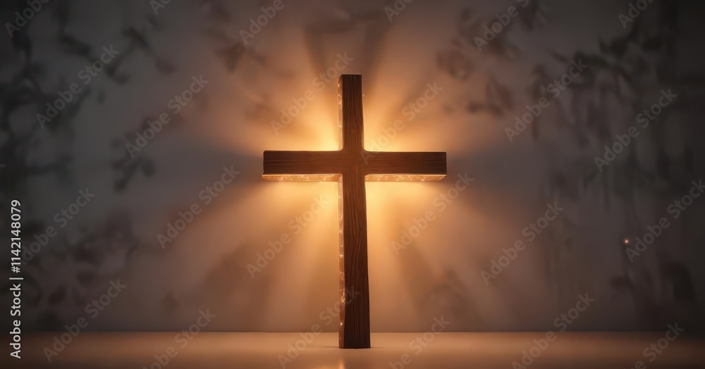 Naklejka premium A cross-shaped LED light emitting soft warm glow , spiritual, peaceful ambiance