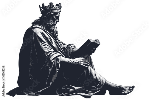 Man is sitting on the ground reading a book. He is wearing a robe. The book is open to a page. flat vector illustration