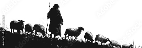 Man is leading a group of sheep up a hill. There are at least nine sheep in the group. flat vector illustration