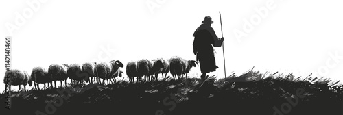 Man is leading a group of sheep. The sheep are scattered across the hill. The man is walking with a stick. flat vector illustration