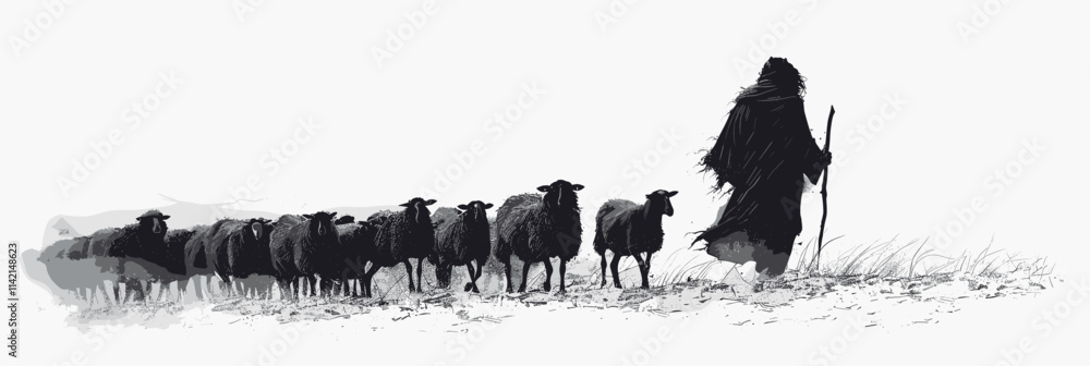 Obraz premium Man is leading a group of sheep. There are at least 12 sheep in the group. The man is walking in front of the sheep. flat vector illustration