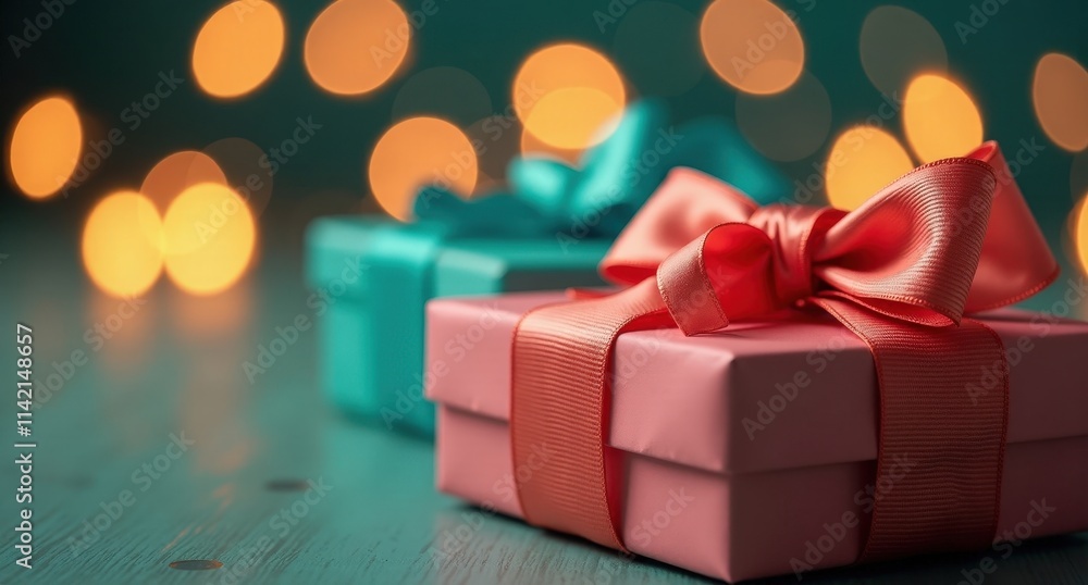 Ribbon Bow (Christmas) – Decorative ribbons tied in bows on gifts, surrounded by golden fireflies. A festive 4K HD image with party lights and a joyful holiday mood. Ribbon Bow (Christmas) – Decorative ribbons tied in bows on gifts, surrounded by golden fireflies. A festive 4K HD image with party lights and a joyful holiday mood.