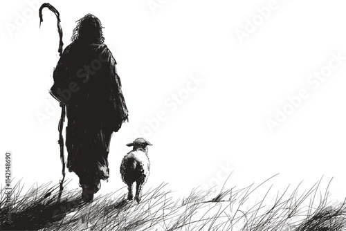 Man is walking with a sheep. The man is holding a stick. flat vector illustration