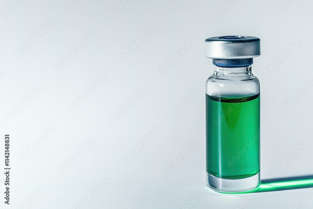 Green liquid in clear vial with blue cap against white background Green liquid in clear vial with blue cap against white background