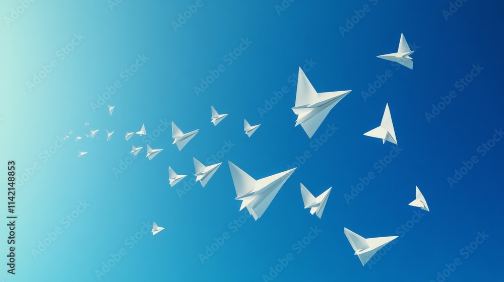 Obraz premium White paper planes flying in a clear blue sky