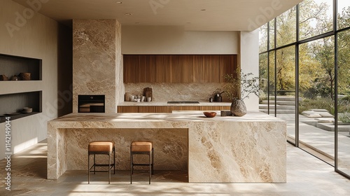 Modern kitchen with island, marble countertops, wooden cabinets, and large windows.