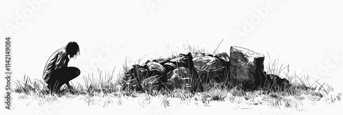 Man is kneeling in the grass. He is looking at something. There is a pile of rocks in the background. flat vector illustration