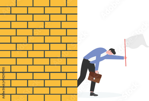 One hand holding a white flag sticking out from behind the wall


