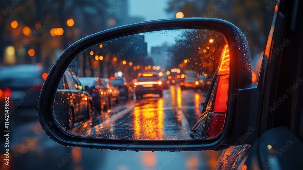 pictured in the rearview mirror was a congested traffic are