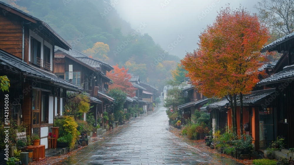 Tranquil small village surrounded by misty mountains and greenery Tranquil small village surrounded by misty mountains and greenery