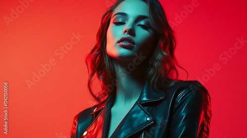 Female model in fashionable leather jacket, striking confident pose with strong directional lighting, photo