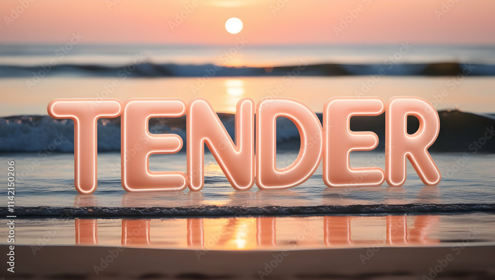 Fototapeta premium The word 'tender' in pink text overlaid on a blurred image of a beach sunset.