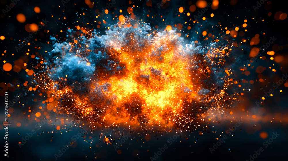 Fototapeta premium Fiery explosion with blue and orange smoke.