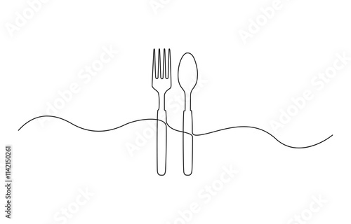 Spoon fork place mat one line drawing continuous, One line art illustration of knife and fork isolated on white background, Serving spoon, Icon, Vector drawing, One line art, A simple drawing.