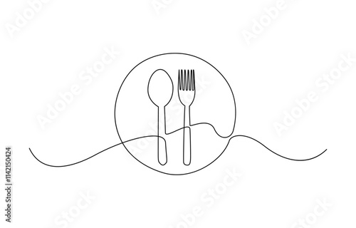 Tableware continuous one line drawing, One line  Drawing or illustration of empty plate and cutlery, One continuous one line hand drawn plate, knife and fork Simple sketch design.