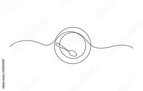 Tableware continuous one line drawing, One line  Drawing or illustration of empty plate and cutlery, One continuous one line hand drawn plate, knife and fork Simple sketch design.
