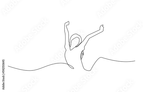 Continuous line art or One Line Drawing of a woman stretching arms is relaxing, Happy man and woman raising hands in an exercise of relax and breathing, one line continuous drawing.