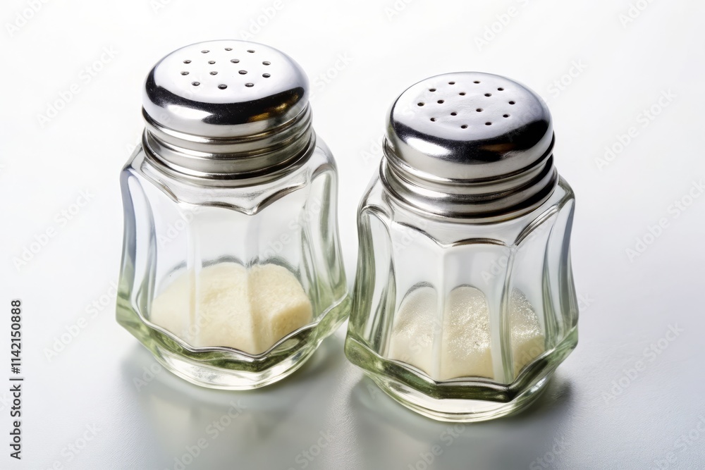 Glass Salt and Pepper Shakers: Wide-Angle Photography on White Background Glass Salt and Pepper Shakers: Wide-Angle Photography on White Background