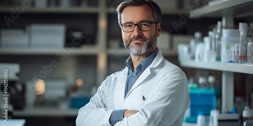 Microbiologist standing confidently in a research laboratory, prepared for experiments photo