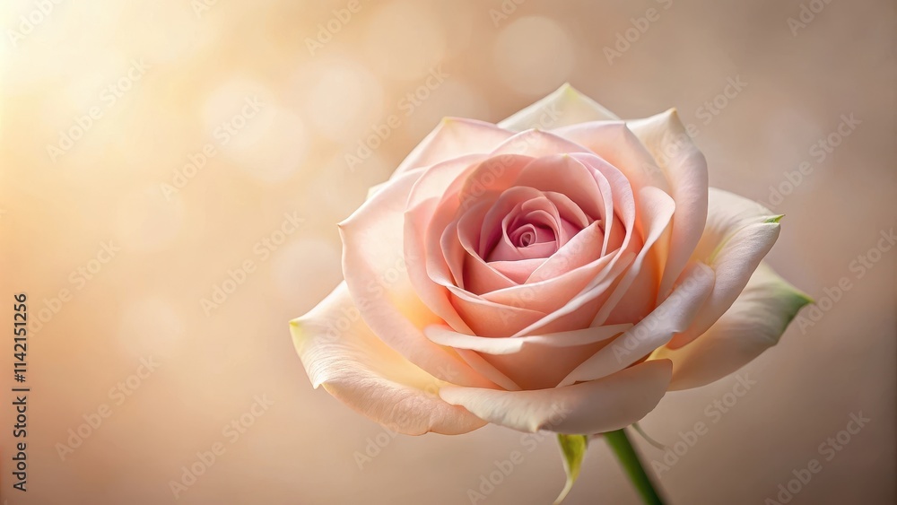 Fototapeta premium A delicate pink rose with a gentle, soft texture and subtle sheen on its petals, set against a warm, creamy background , soft