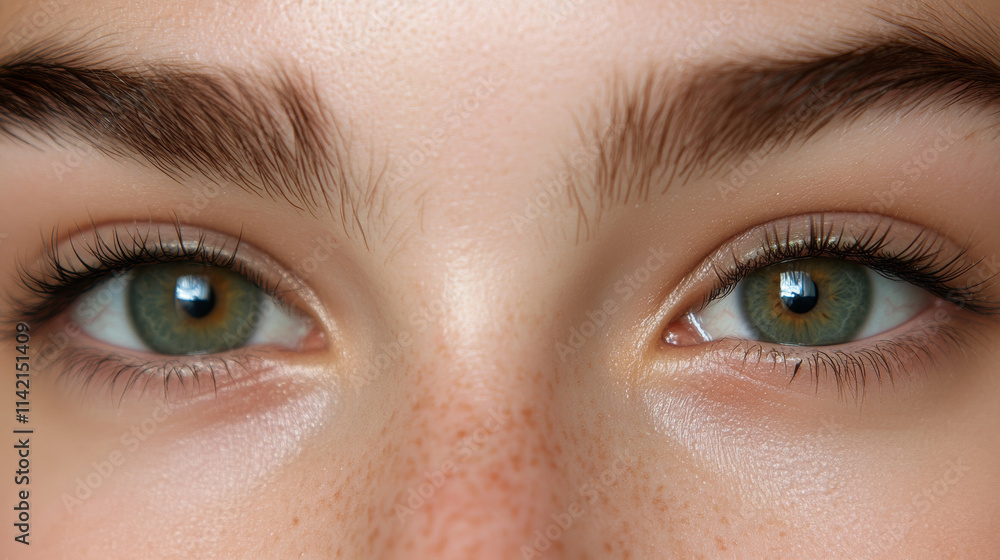 Obraz premium Close-up of a young person's eyes revealing green irises and natural beauty features with subtle freckles