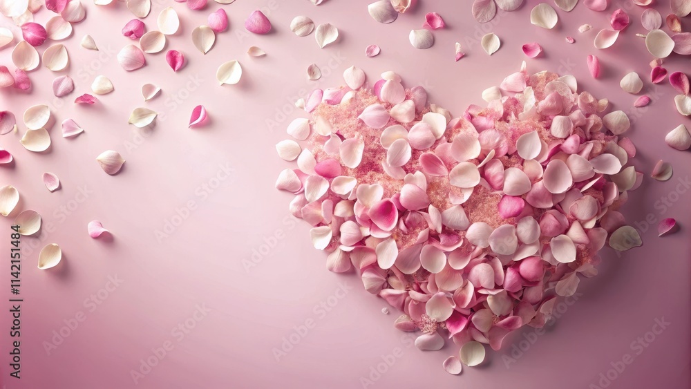 Fototapeta premium Delicate rose petals scattered on a soft pink background with a heart-shaped overlay