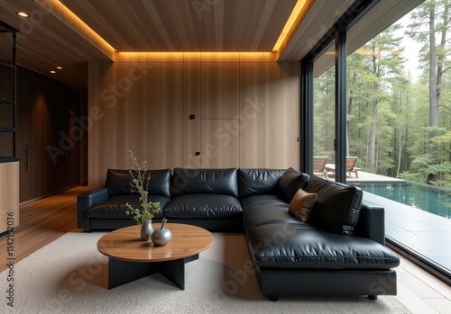 Minimalist interior design of modern living room, home. Black leather sofa in spacious room in villa in forest photo