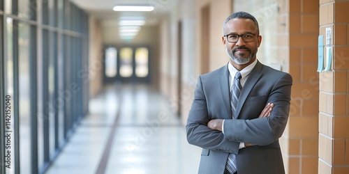 Principal standing proudly in a school hallway, overseeing the educational environment and promoting student success