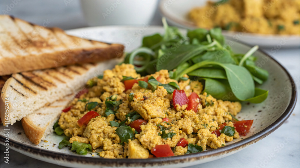 Delicious scrambled tofu with vegetables, served with toasted bread and fresh greens. Perfect for healthy breakfast or brunch!