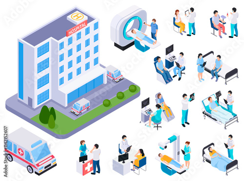 Isometric Hospital Scene with Medical Activities