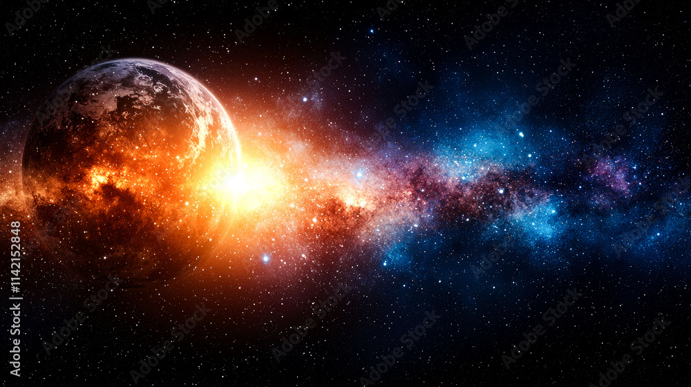 Fototapeta premium Fiery planet beside nebula.