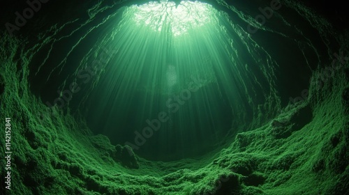 Ethereal emerald light penetrates a mystical underwater cavern, illuminating vibrant green algae covering the rocks. A sense of serene mystery pervades the scene. photo