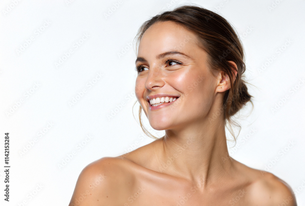 Natural portrait of a smiling woman with a radiant expression against a light background Natural portrait of a smiling woman with a radiant expression against a light background