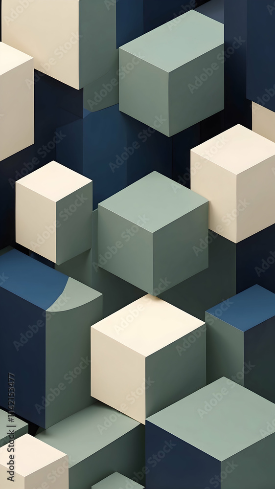 Abstract cubic minimalist background with sharp geometric blocks, mix of Midnight Blue, Sage Green, Ivory Abstract cubic minimalist background with sharp geometric blocks, mix of Midnight Blue, Sage Green, Ivory