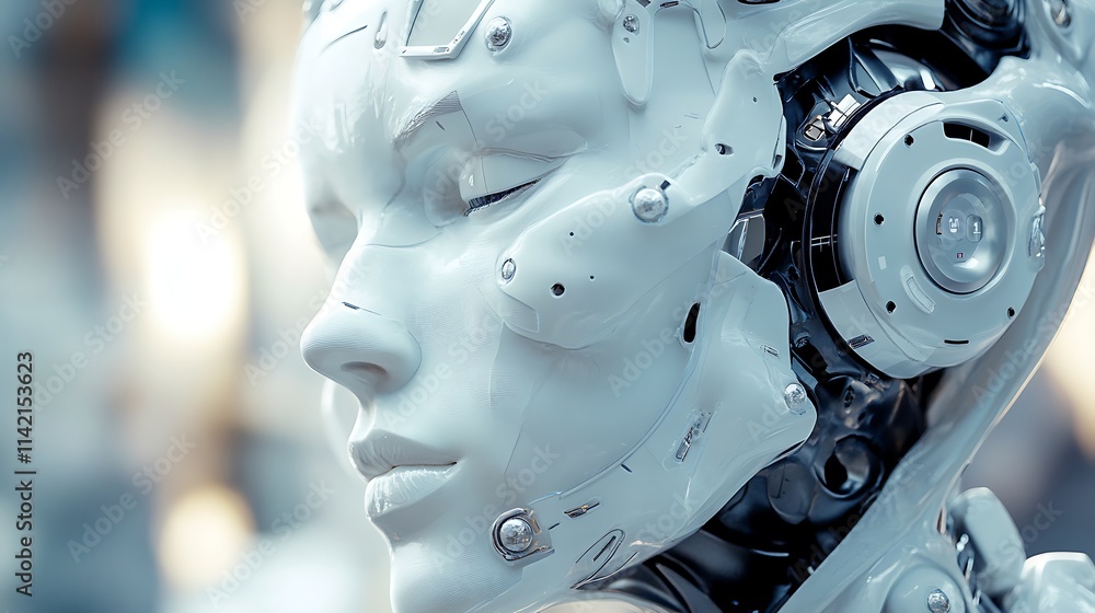 Close-up of a serene female robot head, showcasing intricate mechanical details. Close-up of a serene female robot head, showcasing intricate mechanical details.