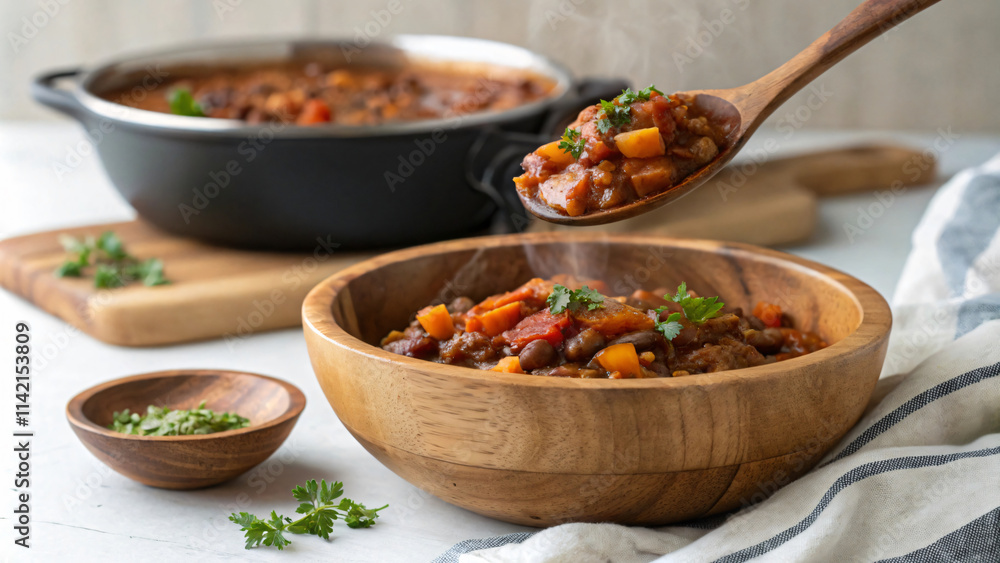 Delicious hearty stew served in wooden bowl, garnished with herbs Delicious hearty stew served in wooden bowl, garnished with herbs