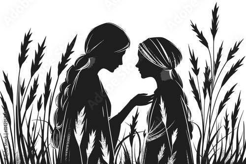 Two women are standing in a field of tall grass. One of them is wearing a scarf. The grass is tall and the women are silhouetted against the background. flat vector illustration Bible stories