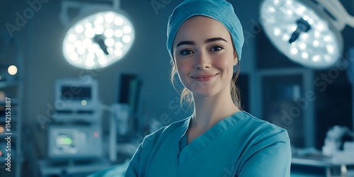 Female anesthesiologist standing confidently in an operating room, looking professional