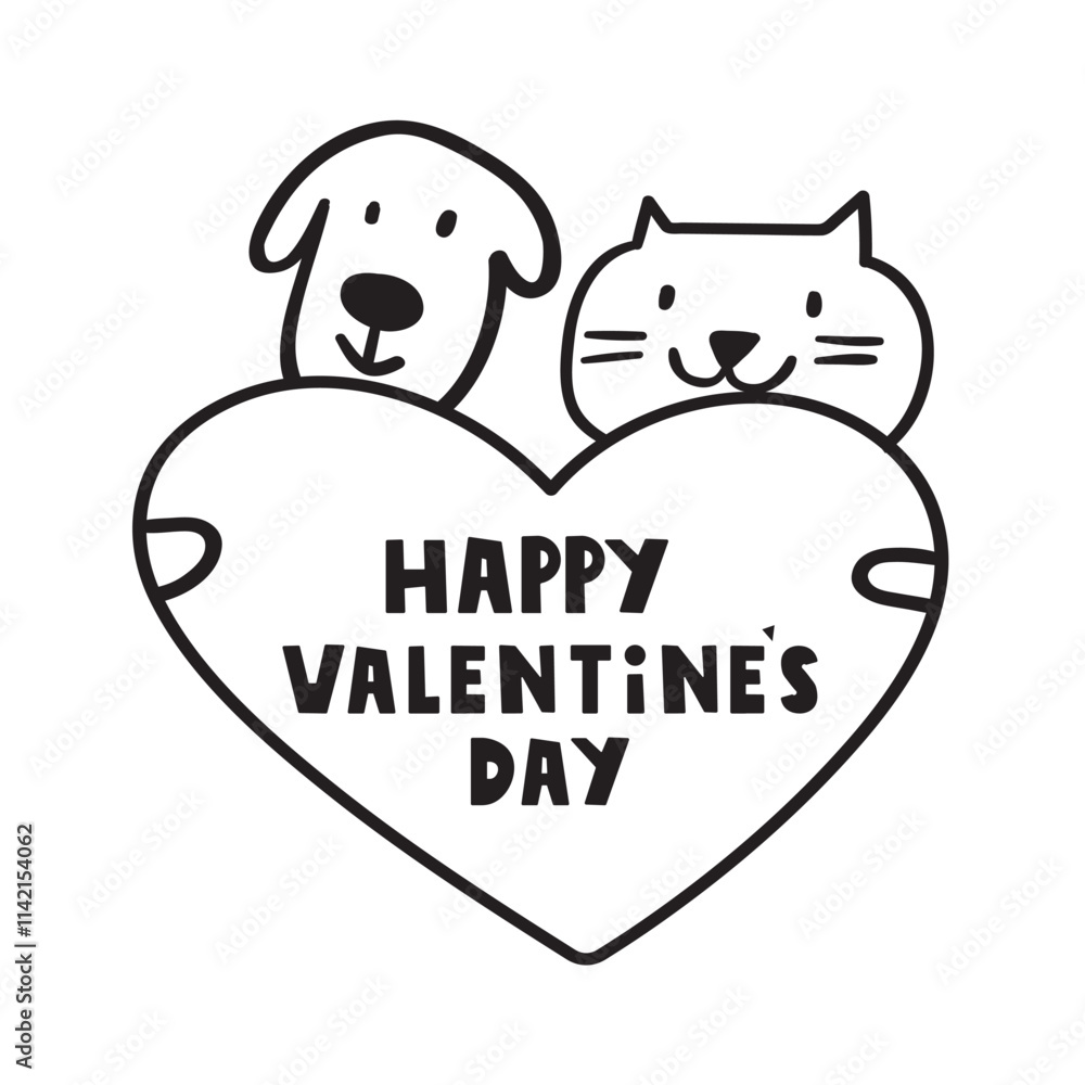 Cute dog and cat hugging a heart. Happy Valentine's day design. Outline hand drawn illustration on white background. Cute dog and cat hugging a heart. Happy Valentine's day design. Outline hand drawn illustration on white background.
