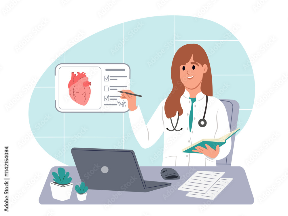 Cardiology concept. Doctor looks at a heart scan on a virtual screen while sitting at a table in a hospital. Diagnosis and treatment of heart disease. Vector flat illustration Cardiology concept. Doctor looks at a heart scan on a virtual screen while sitting at a table in a hospital. Diagnosis and treatment of heart disease. Vector flat illustration