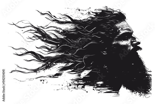 Man with a beard and long hair. The hair is black and the beard is brown. The man is wearing a black shirt. flat vector illustration Bible stories