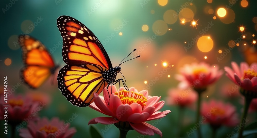 Obraz premium Bright butterflies in vivid colors, fluttering gracefully among glowing fireflies. A symbol of transformation set against a spring backdrop. 4k HD quality.