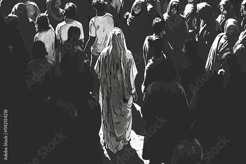 Woman is walking in a crowd of people. She is wearing a white dress. The crowd is made up of people of different ages and sizes. flat vector illustration Bible stories