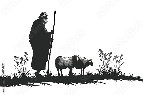 Man is walking with a sheep. The man is holding a stick. flat vector illustration Bible stories